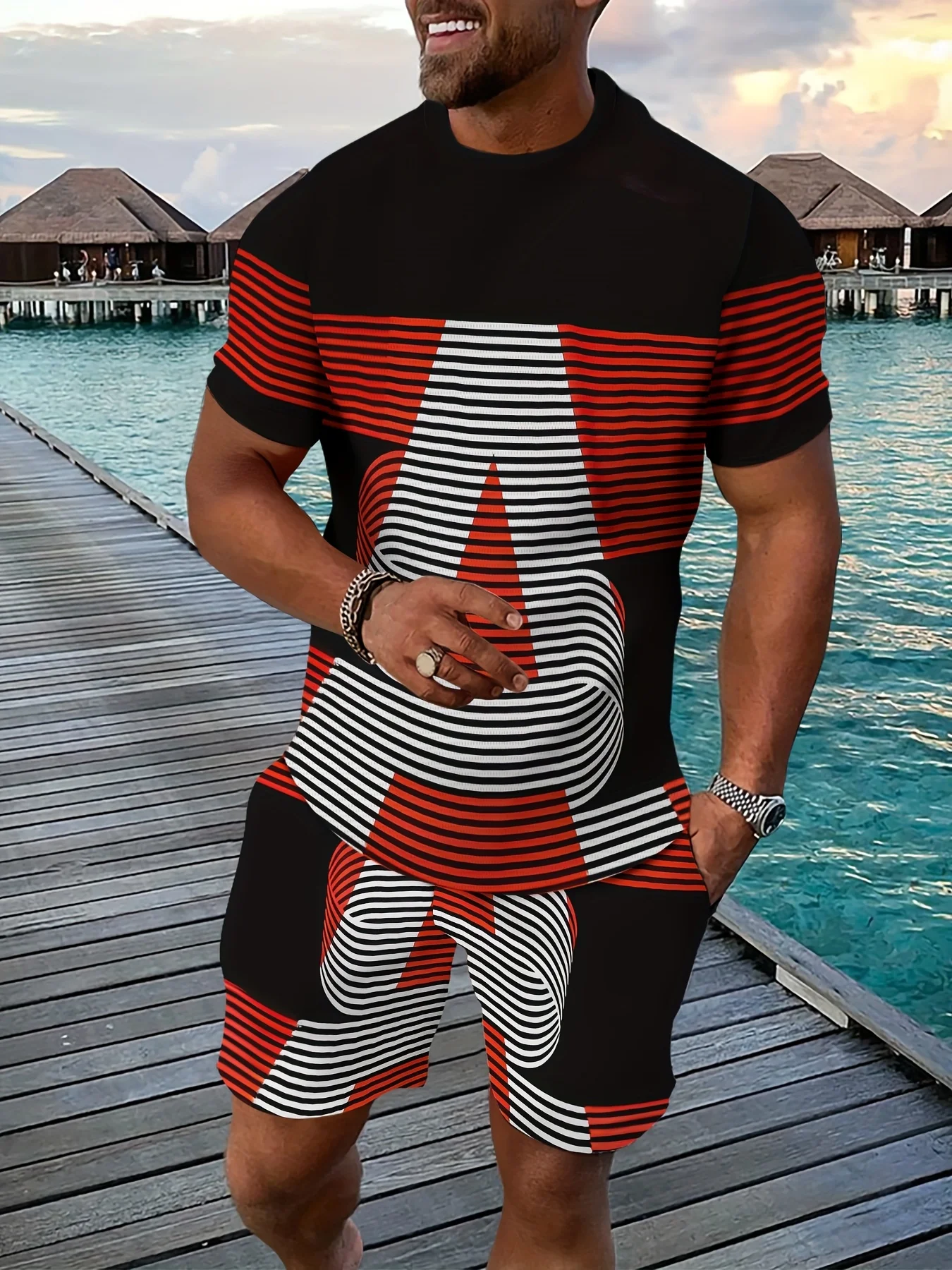 

Новый летний мужской костюм 2025 года — это модная повседневная спортивная одежда в стиле ретро с 3D-принтом.