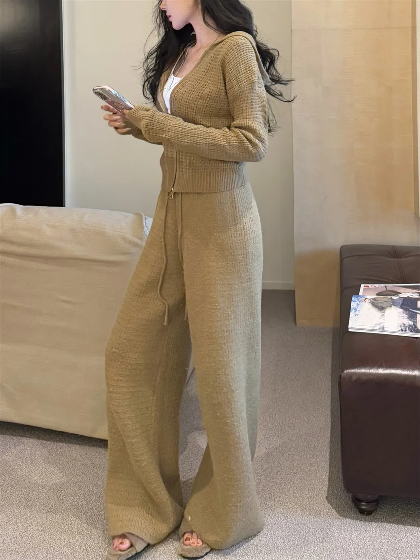 Alien Kitty Spring Faux Mink Hair Suits Women Gentle Slim Coat Daily 2025 High Street Straight Gentle Hooded Wide Leg Pants Sets