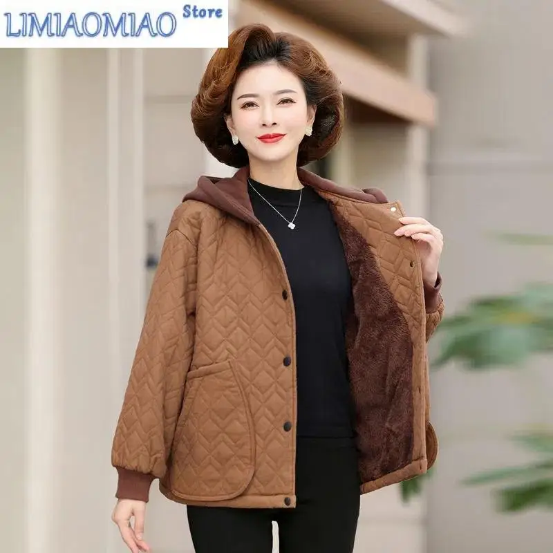 Add Velvet Autumn Winter Keep Warm Outerwear Ladies Jacket Women's Cotton Coat New Loose Casual Hooded Middle Aged Mom Top