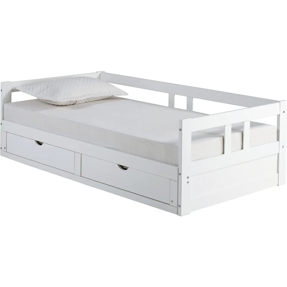 Furniture Melody Extendable Pine Trundle Bed Daybed w/ Underbed Storage, White, Twin to King Daybed, Childrens/Youth