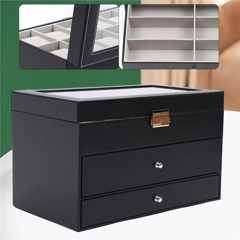 صندوق ساعة بإبزيم معدني من CHCH للنظارات والنظارات الشمسية مكون من 3 طبقات من الجلد باللون الأسود مع حافظة منظم لدرج عرض المجوهرات