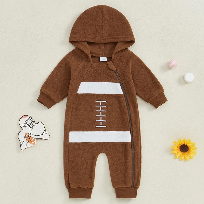 2024-06-25 Lioraitiin Baby Boy Rugby Pattern Romper Fleece Long Sleeve Full Length Zip Up Hooded Jumpsuit for Winter Fall