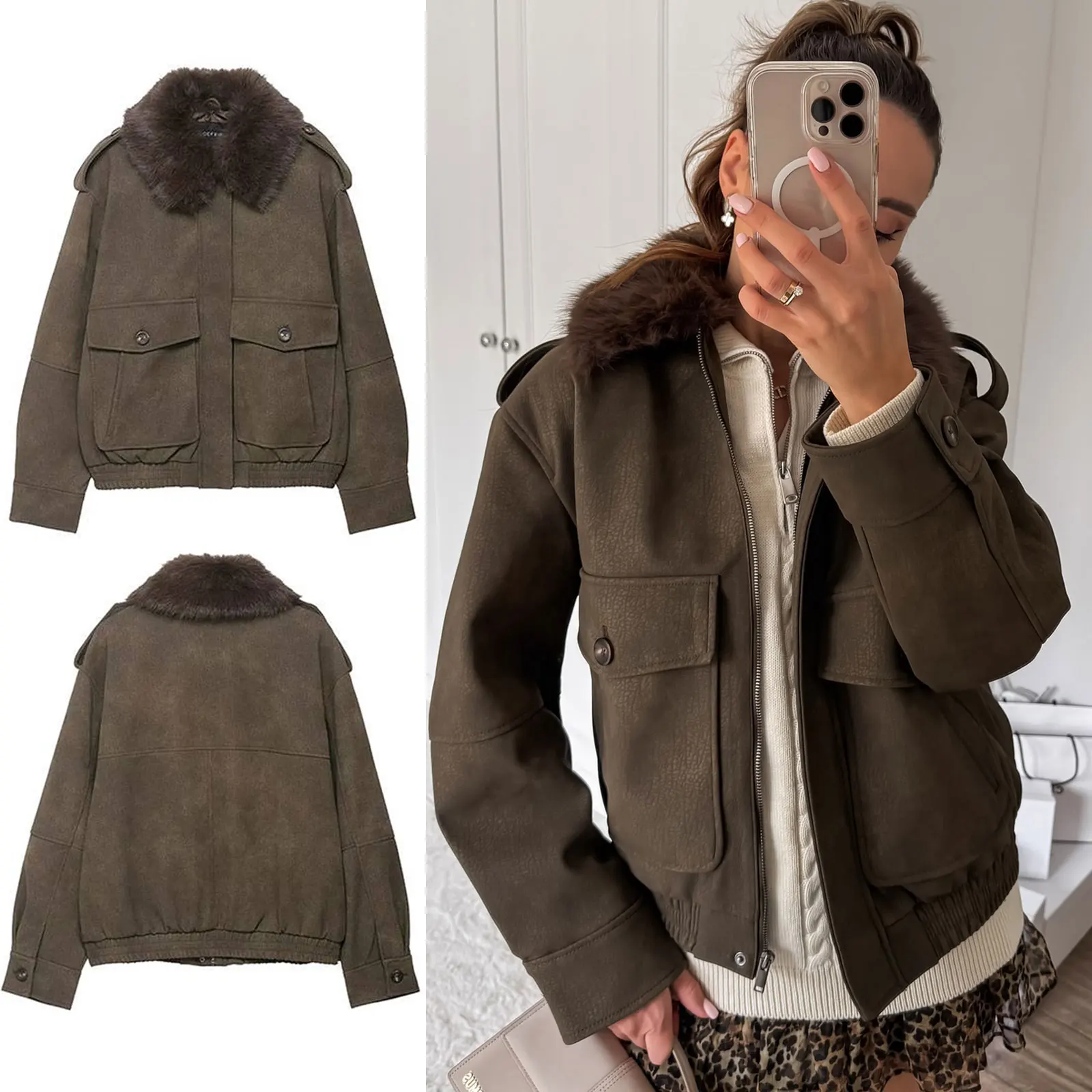 

HH 2025 Winter Vintage Suede Coats For Women Detachable Collar Lapel Pockets Long Sleeves Causal Outerwear Street Fashion Coats
