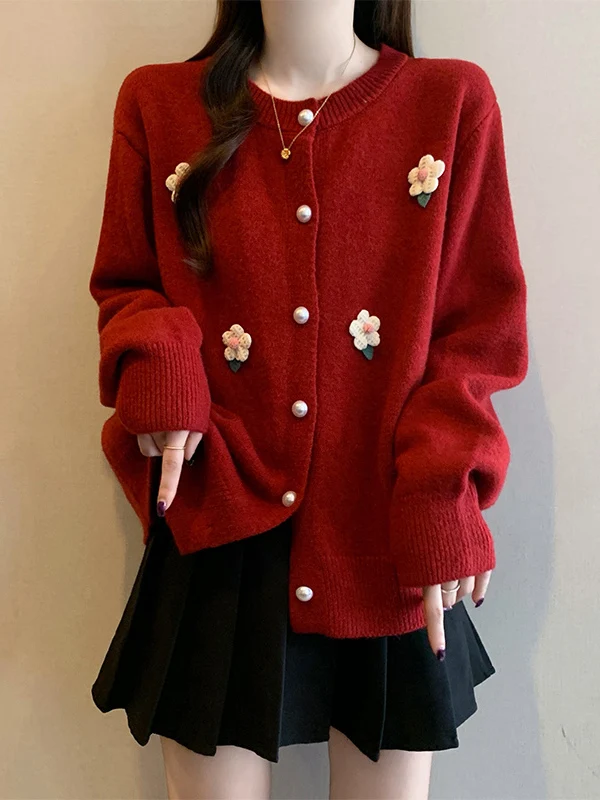 

Red 3D Flower Knitted Open Cardigan Sweater Women's Winter New Style plus Size Christmas New Year Top Commute Style Loose Fit