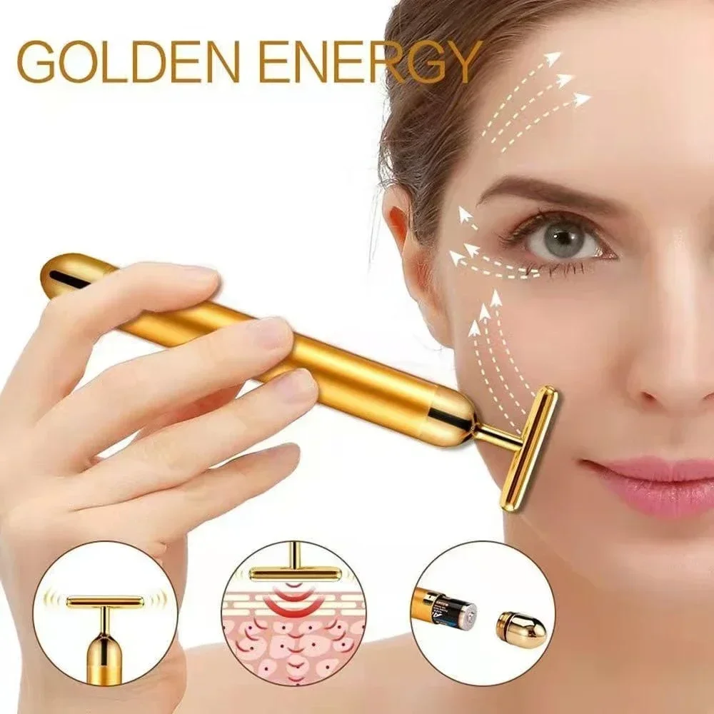 

24K Gold T Beauty Bar Facial Roller Massager T-Shape Energy Beauty Bar Pulse Firming Face Massage Lift Tool