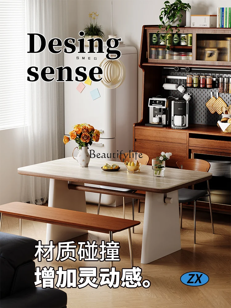 

light luxury medium and ancient style solid wood rock slab dining table, household simple and high-end dining table