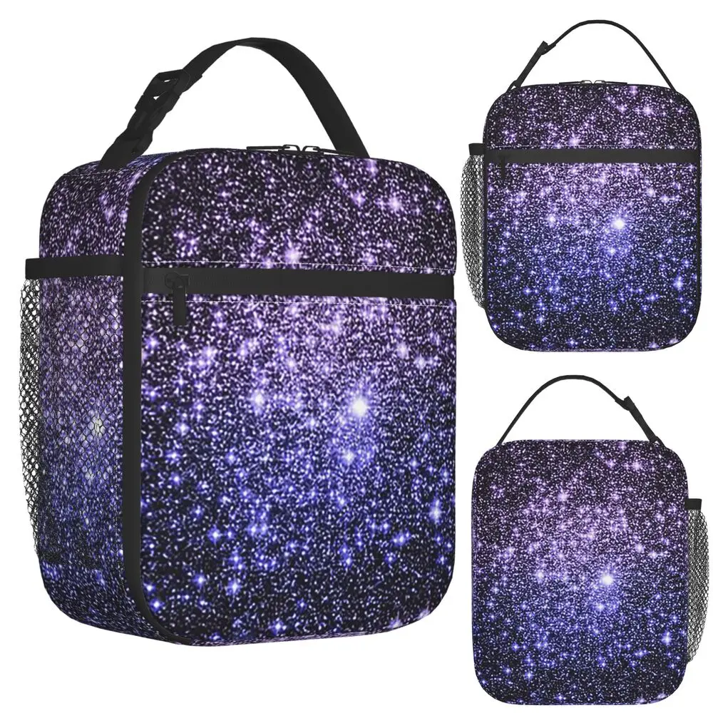 Galaxy Sparkle Stars Lavender Periwinkle Blue Ombre Insulated Lunch Bag Office Cooler Thermal Food Box Tote Leakproof Lunch Boxe