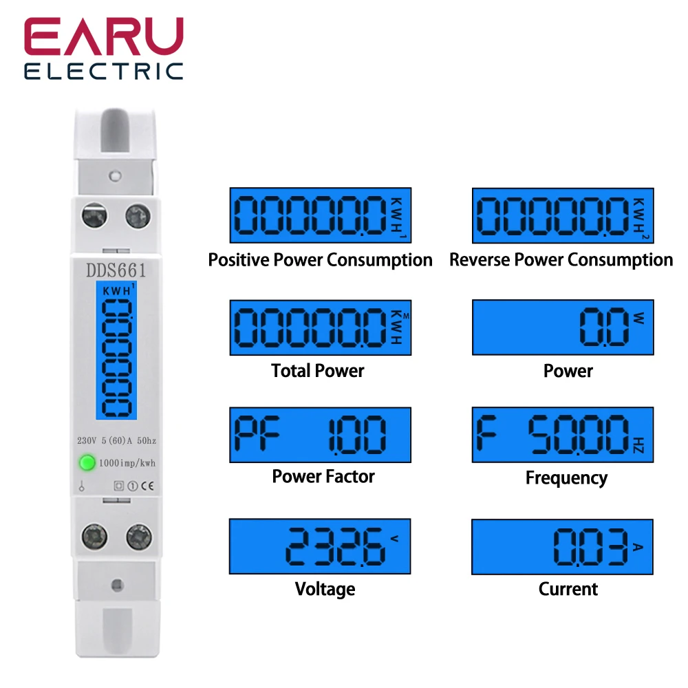 Single Phase Backlight Wattmeter Power LCD Digital Display Consumption Meter KWh 5(60)A 110/230VAC 50Hz Din Rail Energy Meter