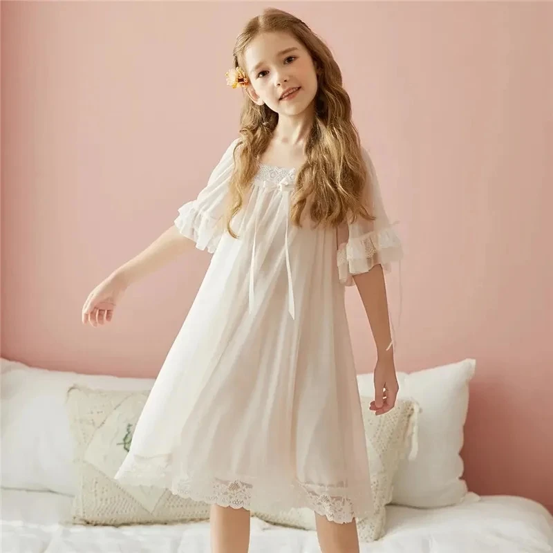 Princess Style Girls Nightdress Home Dress Summer Breathable Middle Large Children's Nightdress Lace Decoration Baby Nightdress