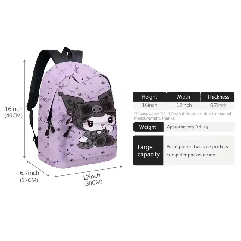 3PC-SET Printing Peripheral Sanrio Kuromi Backpack Student School Bag Pencil Case Bag Mochila Boys Girls Anime kawaii Cartoon