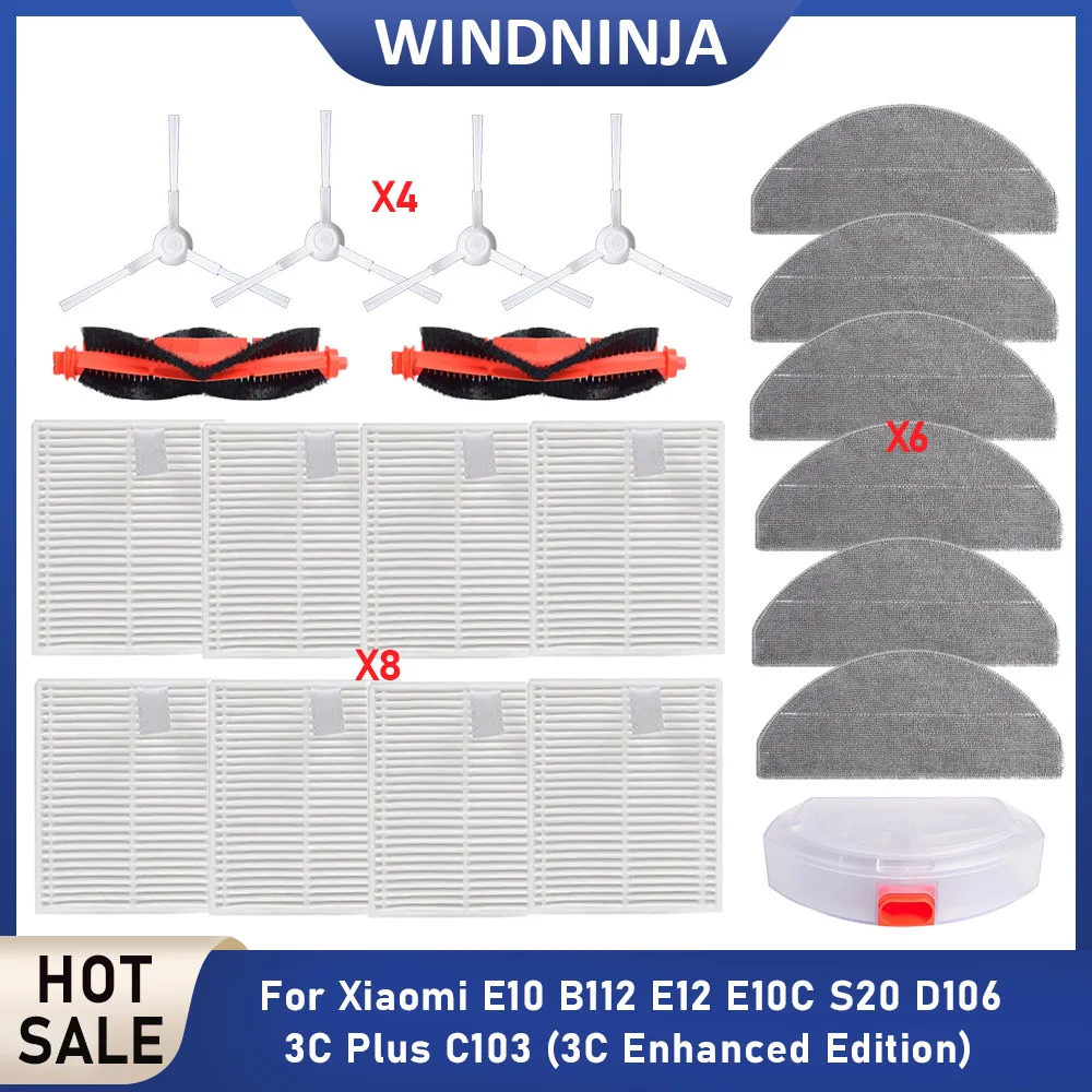 Ersatzteile für Xiaomi S20 E12 E10 B112 D106 C103 E10C 3C Plus Saugroboter: Hauptbürste, Seitenbürste, HEPA-Filter, Wischtücher
