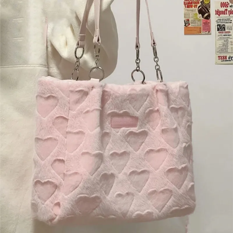 

JIAERDI Sweet Cute Heart Tote Bag Women Fluffy Soft Large Capacity Shoulder Bags Ladies Kawaii Minimalist Commute Handbag 2025