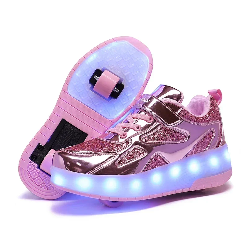 Children’s Two Wheels Luminous Glowing Sneakers Heels Pink Led Light Roller Skate Shoes Kids Led Shoes Boys Girls USB Charging