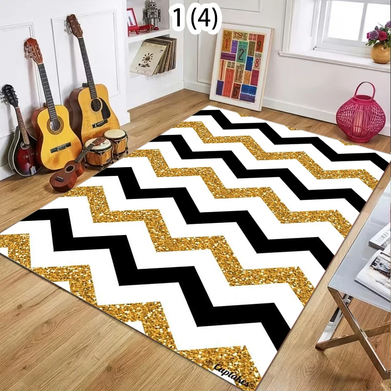 Luxury Black White& Gold Rug Soft Non-Slip Washable Area Carpet Vintage Modern Glitter Floor Mat for Living Bedroom Entryway