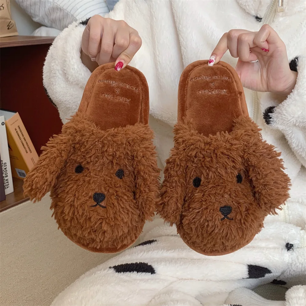 Cute home indoor warm plush cotton shoes puppy winter bedroom soft bottom cartoon cotton slippers female