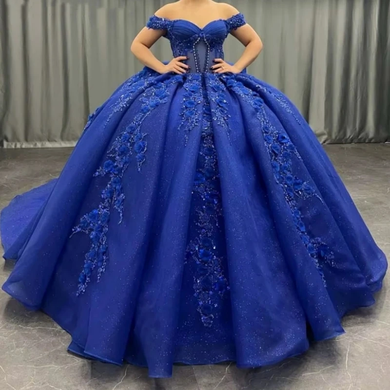 

Customized Luxury Royal Blue Quinceanera Dresses Beads Applique Bow Sweep Train Women Prom Birthday Party Dress Occasion 15 16