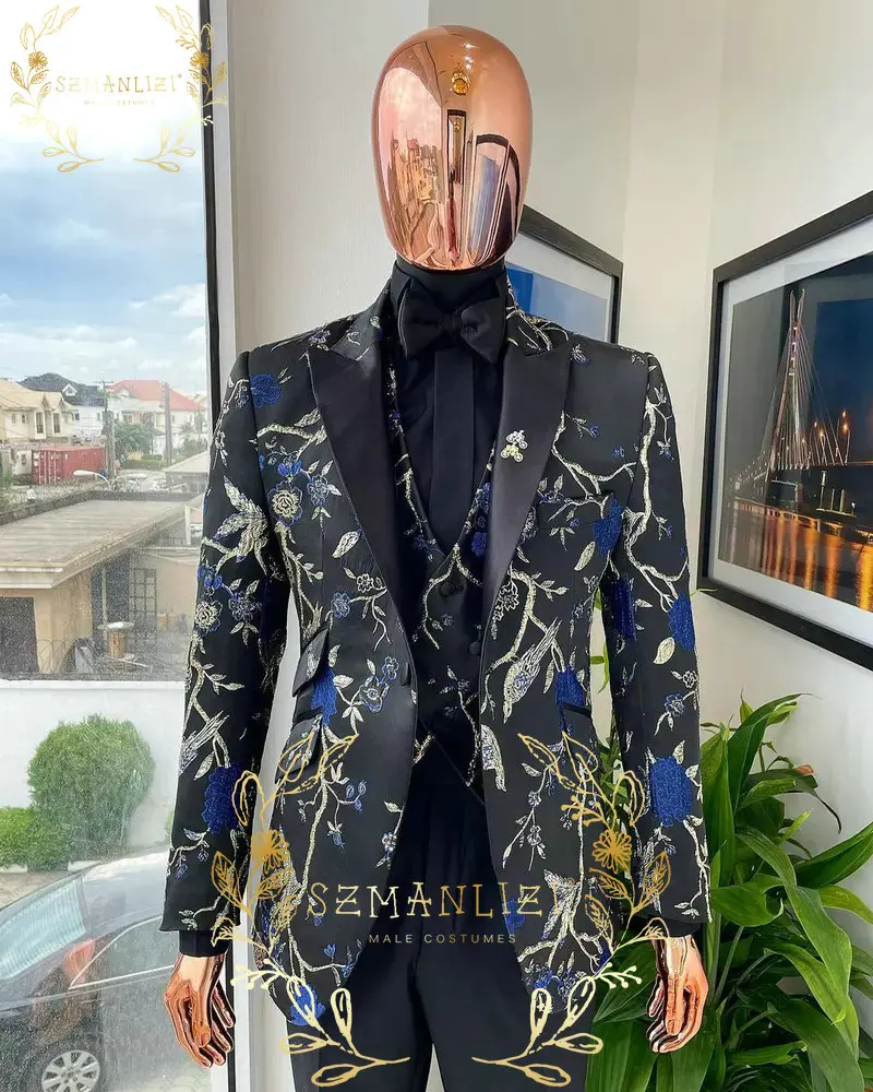 SZMANLIZI 2023 Blue Floral Jacket Men Suit Slim Fit Wedding Tuxedo Peaked Lapel Groom Party Suits Costume Homme Best Man Blazer