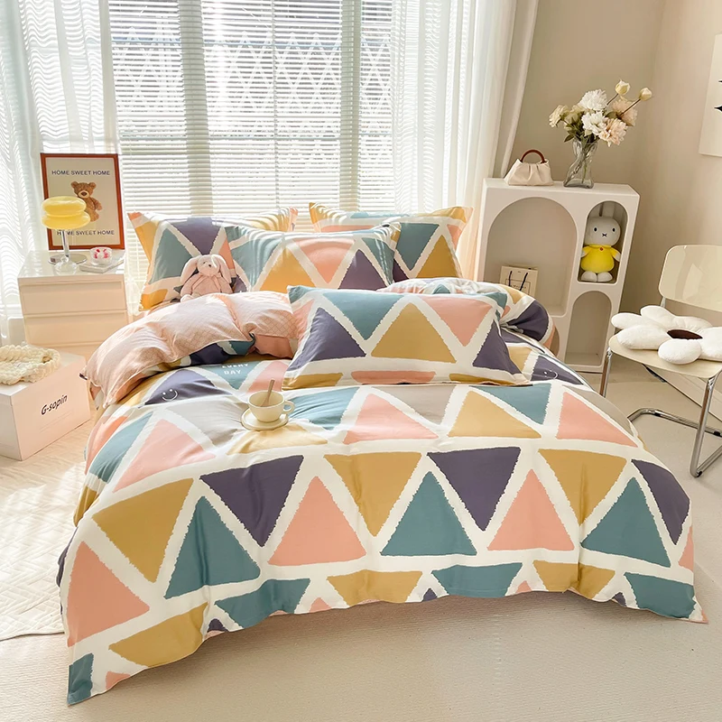 Pure Cotton Triangle Geometric Duvet Cover Set Soft Skin-friendly Letter Printed Quilt Cover Cartoon Smiley Face Pattern Bedding