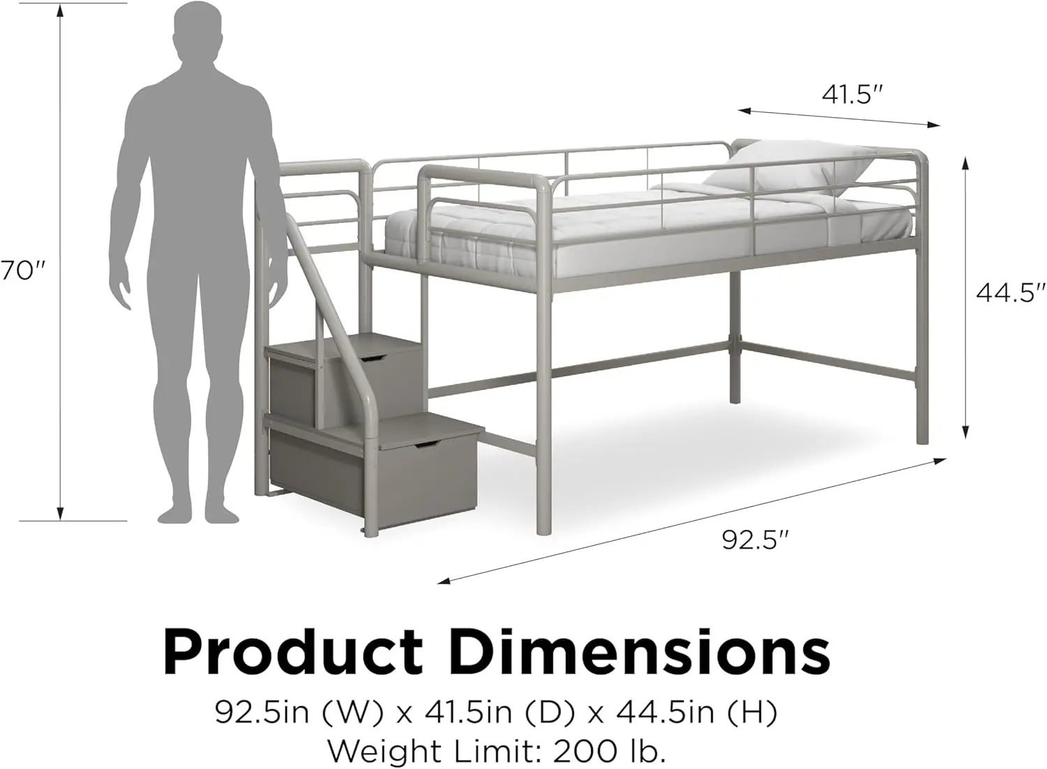 Twin Metal Loft Bed com degraus de armazenamento, solução multifuncional de economia de espaço, prata com degraus cinzentos