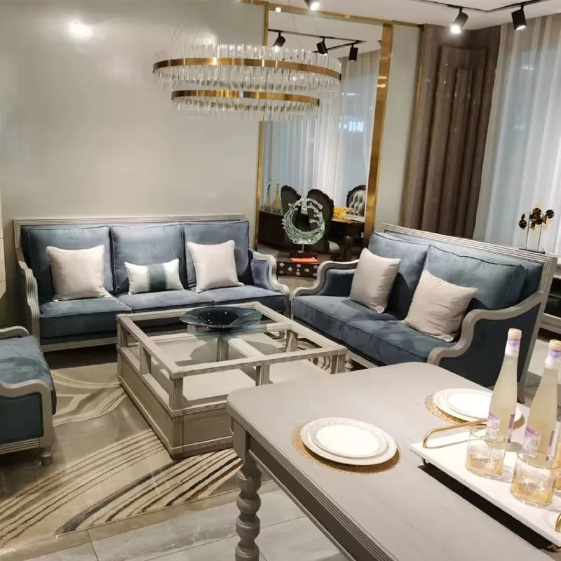 American solid wood sofa real velvet blue fabric sofa single triple sofa combination