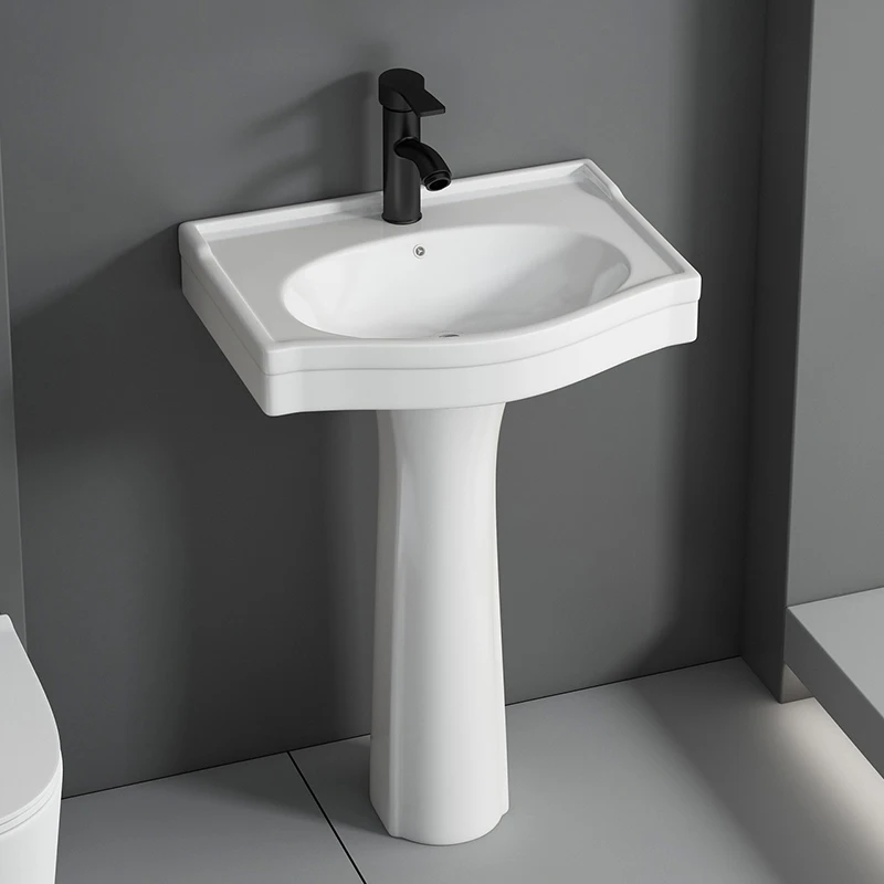 

Small apartment bathroom hotel project balcony with a pillar-mounted wall-mounted ceramic basin featuring a smart mirror
