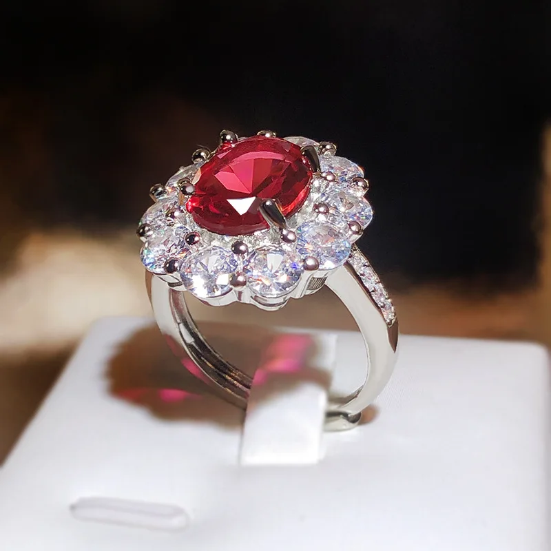 New Quality Luxury Group Zircon Red Tourmaline Opening Ring Female 925 Silver Fashion Jewelry Party Gift