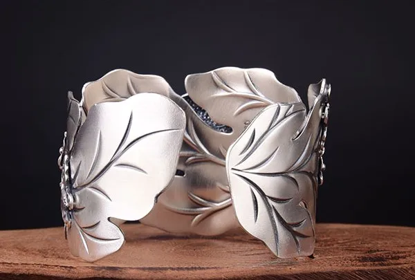 Full silver s999 wide face lotus Dragonfly swimming Bracelet relief retro butterfly open wide version BRACELET NEW