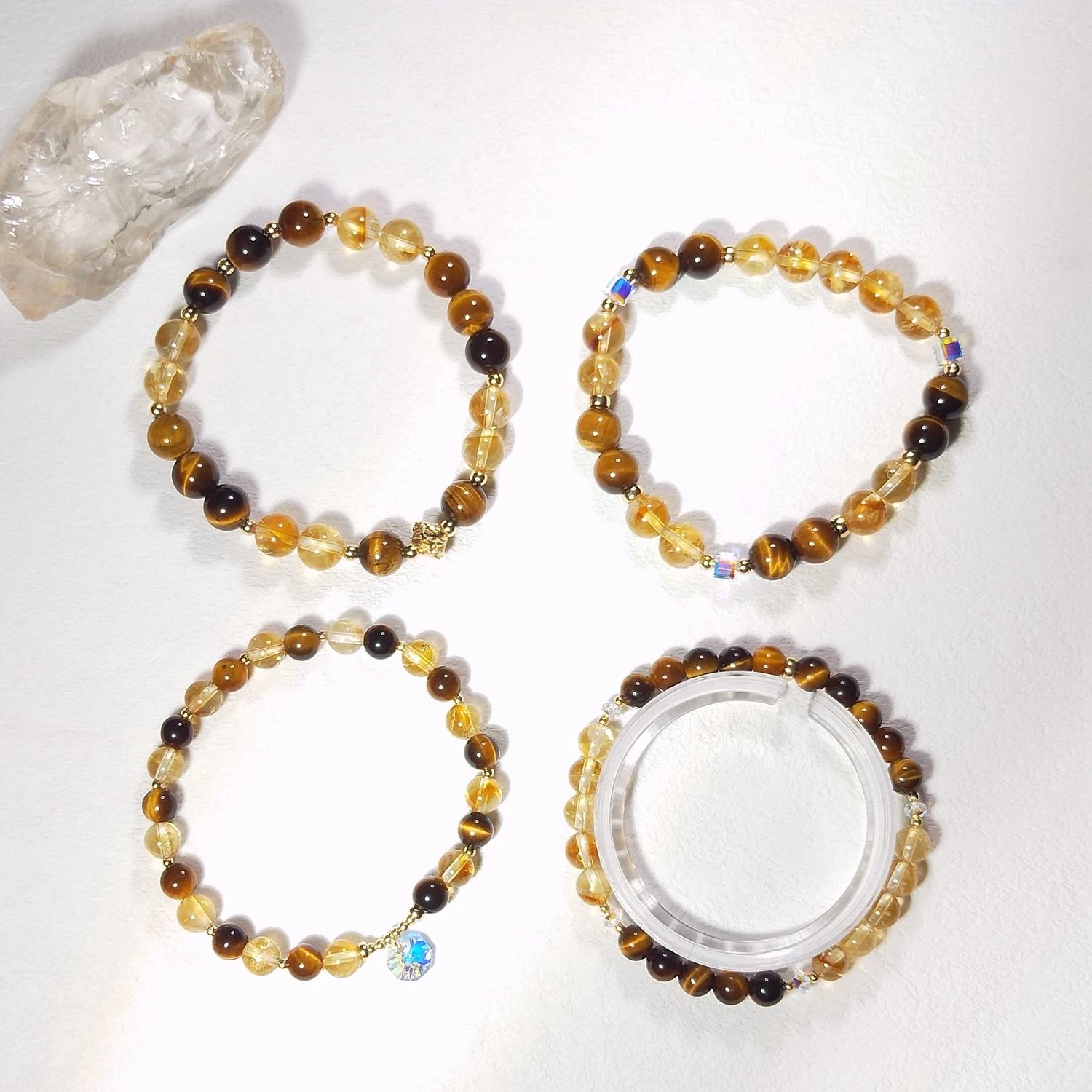 

Lii Ji натуральный камень тигровый глаз цитрин 6/8 мм с кристаллами американский эластичный браслет с позолотой 14 карат