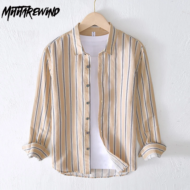 

Japanese Retro Striped Shirt Men Spring Daily Casual Full Sleeve Shirts Cotton Linen Square Collar Shirt Fashion Versatile Tops