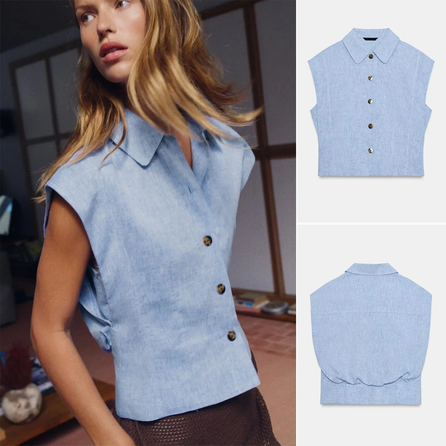 Summer New Women's Commuter Style Single Button Flip Collar Sleeveless Short Shirt Casual Breathable Polyester Fiber Blouse