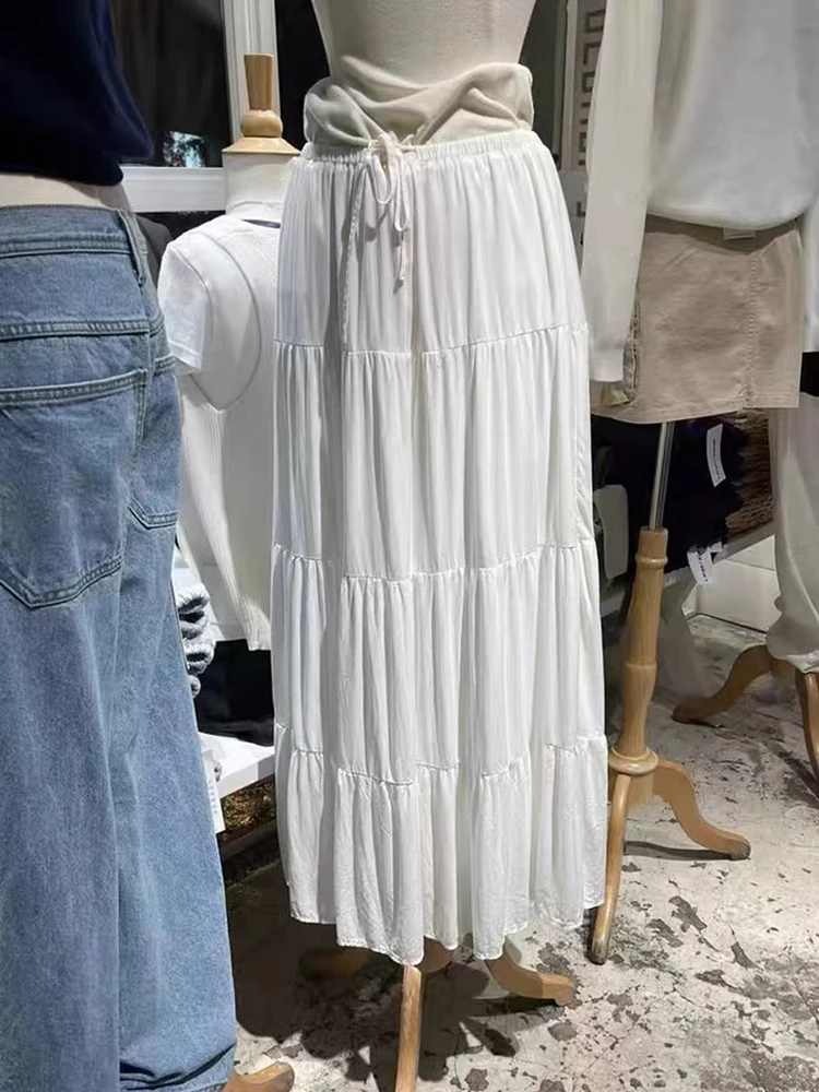 Szydełkowe spódnice Maxi z falbankami damskie letnie elastyczne, wysokiej talii bawełniane luźne Faldas kobiece Vintage słodka solidna długa spódnica wakacyjna — zdjęcie 7