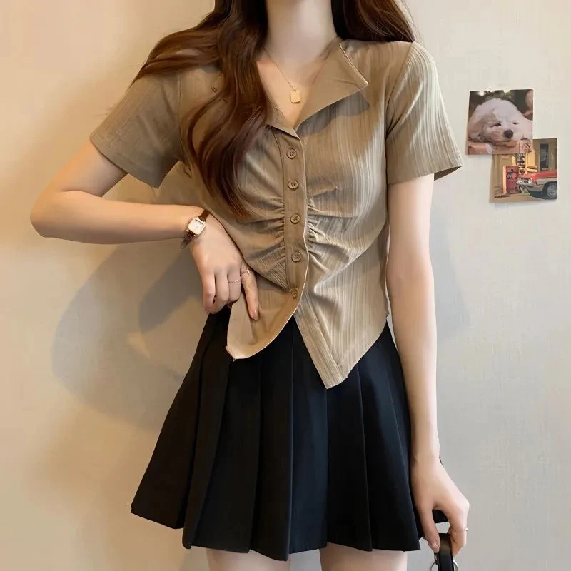 Ice Silk Folds T Shirt Women Korean Fashion Sweet Slim All Match Short Sleeve Top Summer Chic Harajuku Sexy Button V Neck Tees