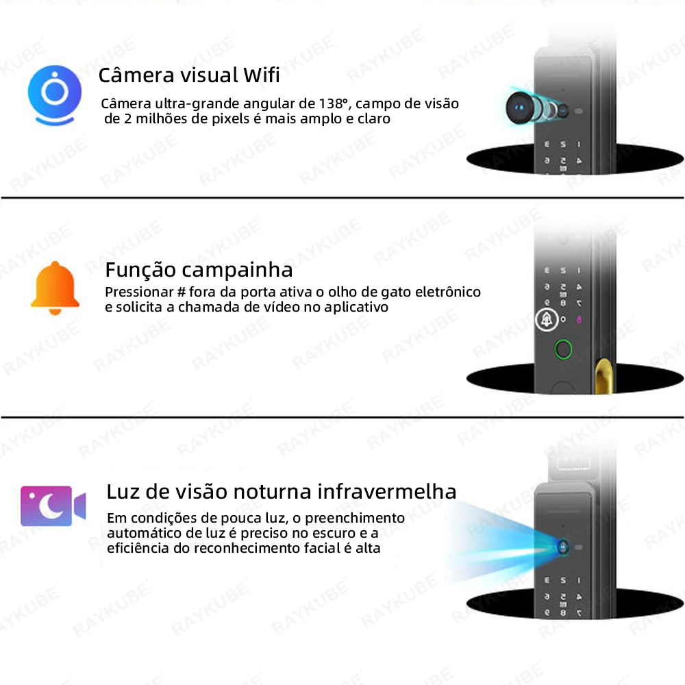 Faça Brasil RAYKUBE TD1 TT Lock WiFi Digital Face Bloqueio de impressão digital com monitor de câmera WiFi TT Lock APP remoto chamada de vídeo