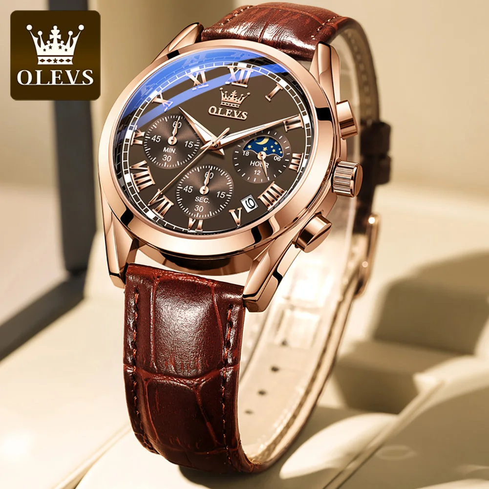 OLEVS 2871 Quartz Watches for Men Fashion Leather Strap 30M Waterproof Chronograph 24 Hour Moon Phase Auto Date Luxury Man Watch