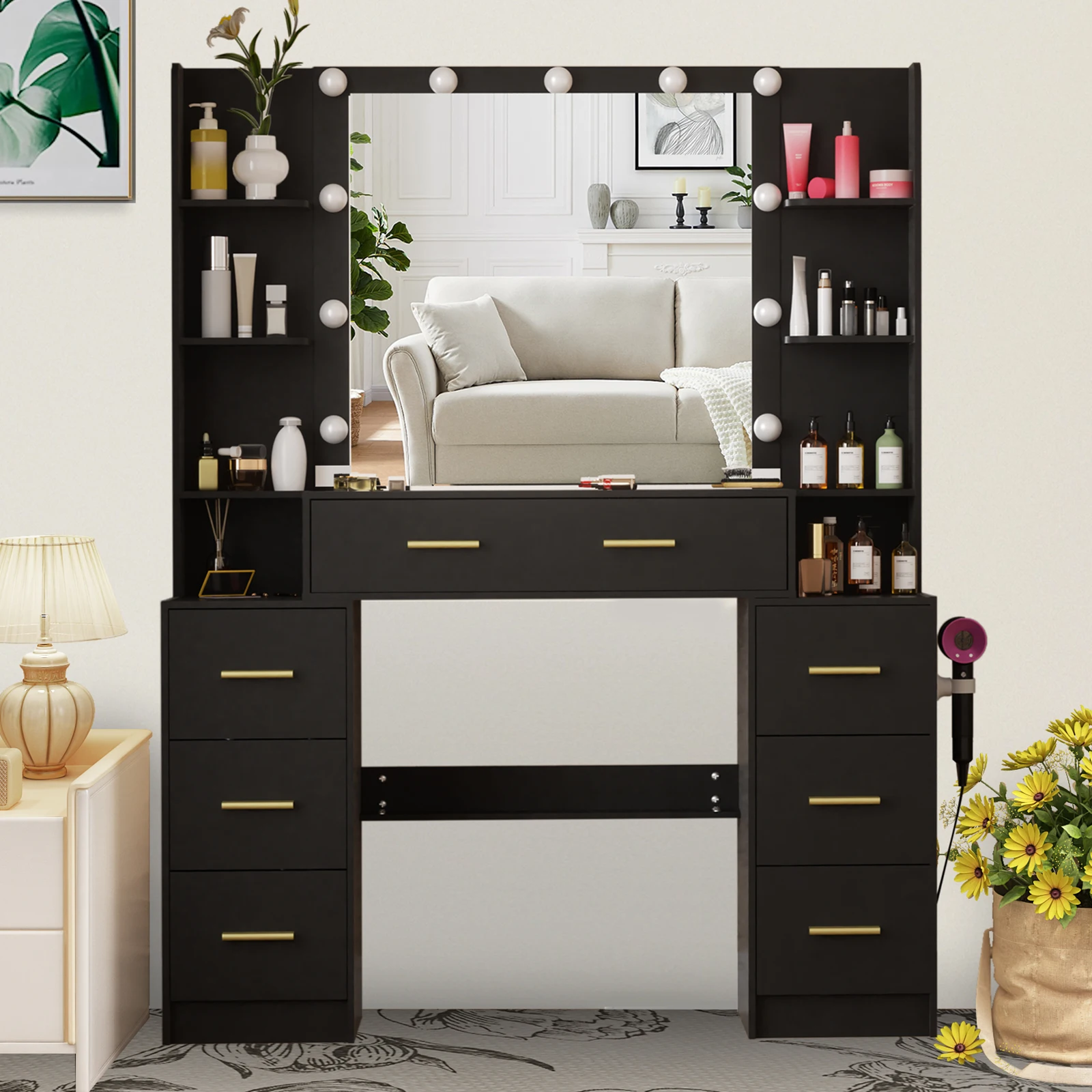 黒の7段引き出し付き化粧台セット(鏡付き)、寝室用モダンメイ - Office Furniture Reborn のレビューと価格