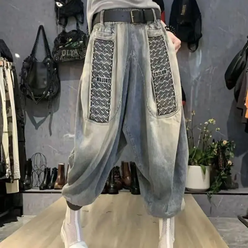 Calças de brim femininas soltas casuais algodão denim grande bolso tornozelo comprimento calças rebite design harem calças 2025 novo outono estilo streetwear