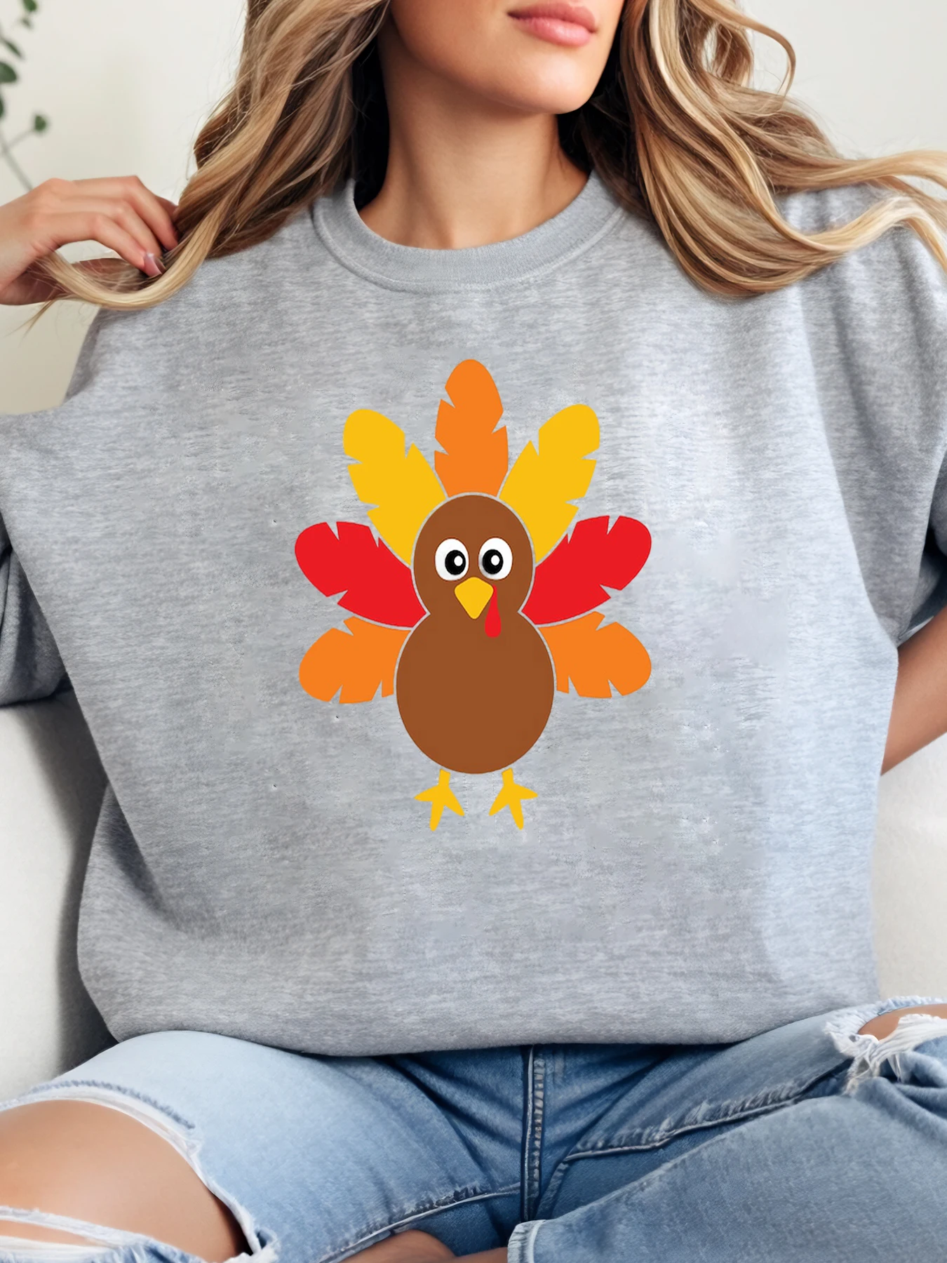 

Толстовка с круглым вырезом и принтом Турции на День Благодарения, женская повседневная осенне-зимняя одежда, серая, больших размеров