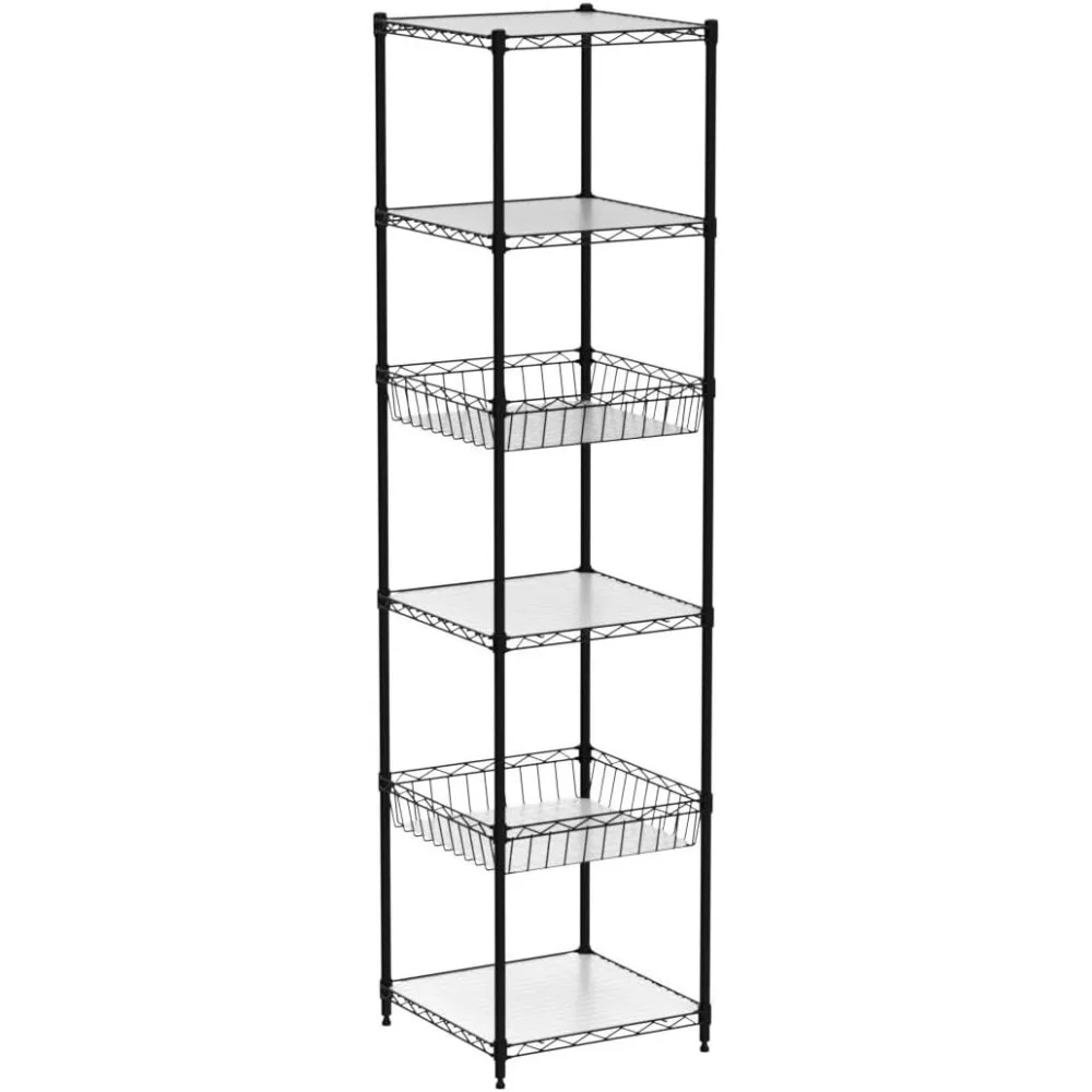 

6 Tier Wire Shelving Unit w/Basket & Liner, Storage Rack for Kitchen, Bathroom, Laundry Closet, Wire Shelving Shelves Black
