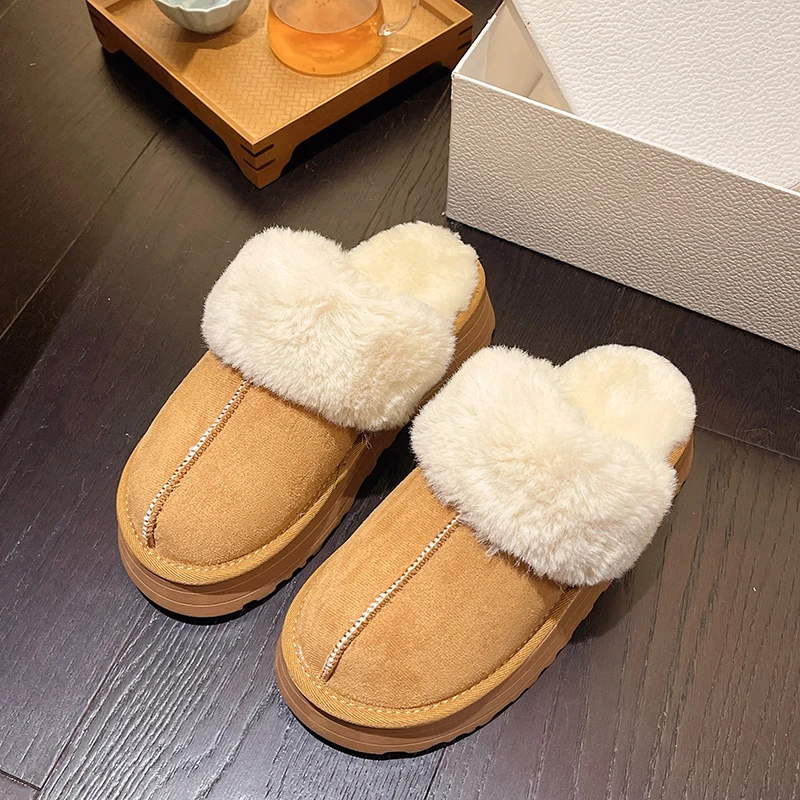 Women's Winter Warm Fur Booties round Toe Ankle Leather Slippers Designer Australian Platform Mini Boot Luxury Slip-On Shoes