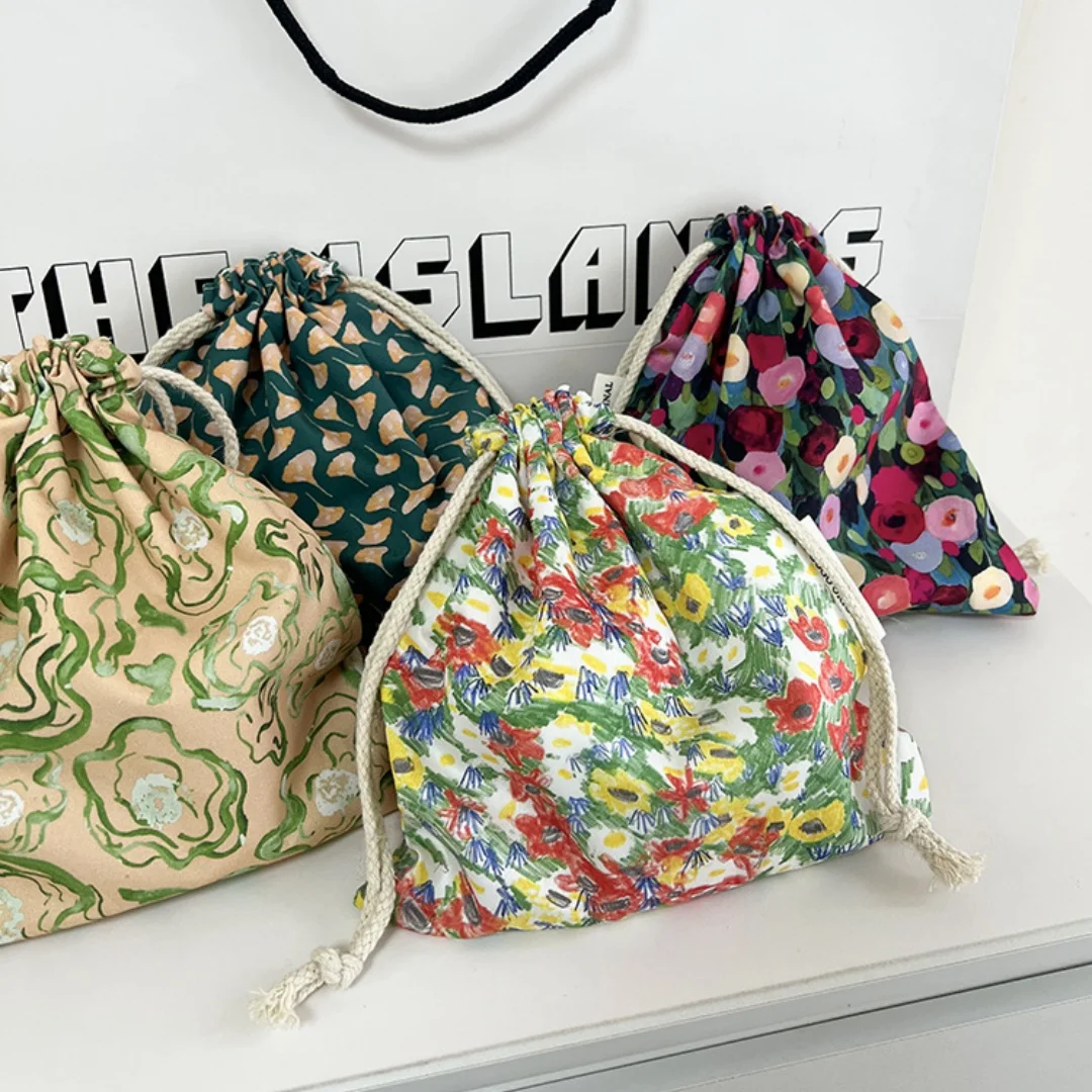 Floral drawstring storage bag, portable travel grooming makeup bag, home organizing dust bag, sorting storage bundle pocket