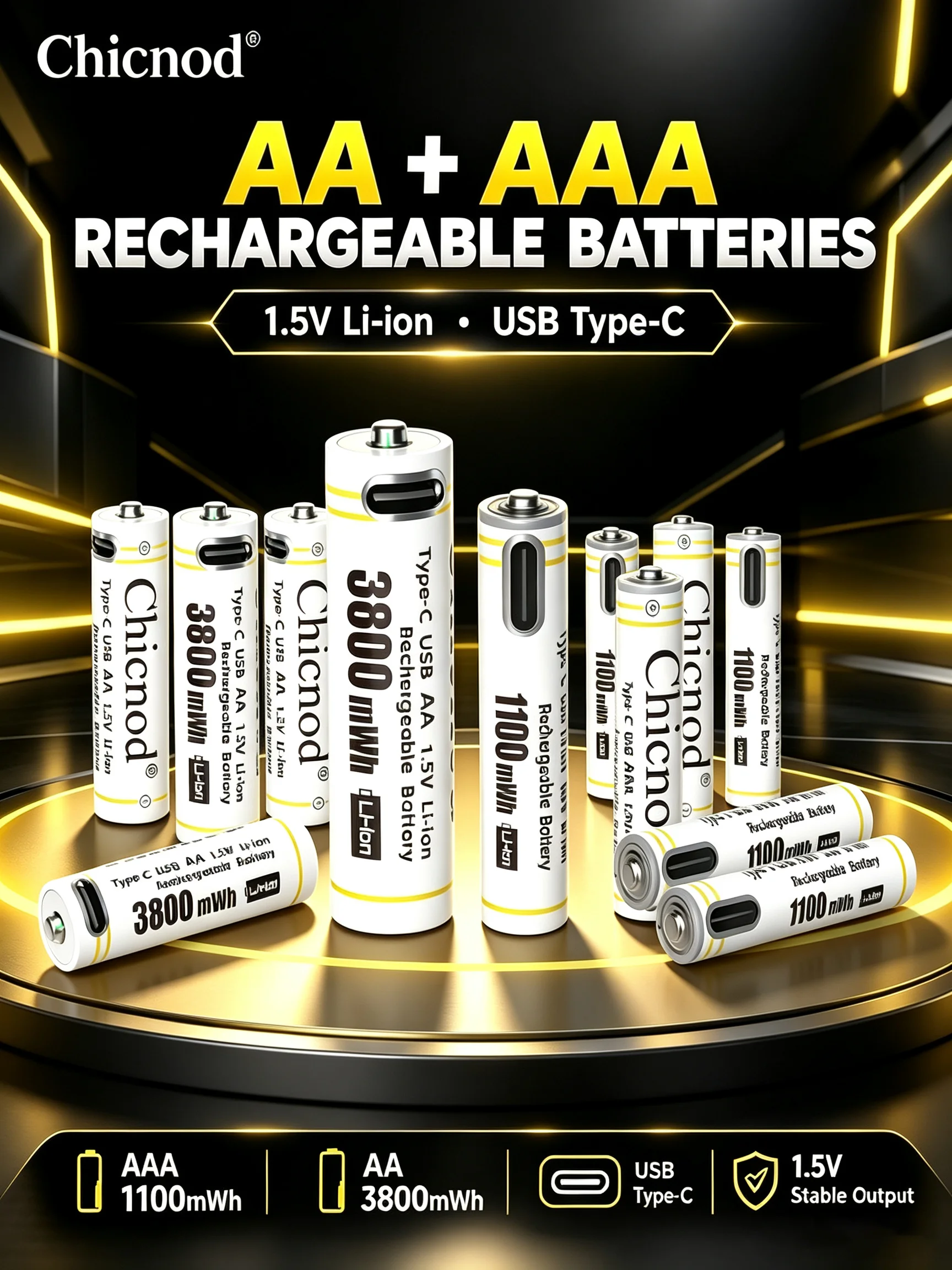 CHICNOD AAA 1,5 V, 1100 mWh, AA 1,5 V, 3800 mWh – akumulatorowe baterie litowo-jonowe, ładowanie przez USB-C, duża pojemność, stabilne napięcie, do urządzeń. — 2