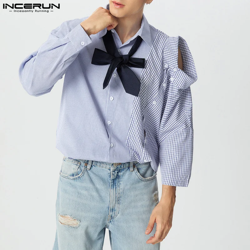 

INCERUN Men Patchwork Shirts Turn Down Collar Long Sleeve Double Tops Stitching Plaid Check Striped Office Work Wear Blouse