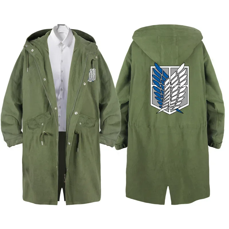 Attack On Titan Mens Loose Windbreaker Long Jackets Men Cotton Trench Coats Casual Autumn Winter Fashion Male Streetwear Blazers