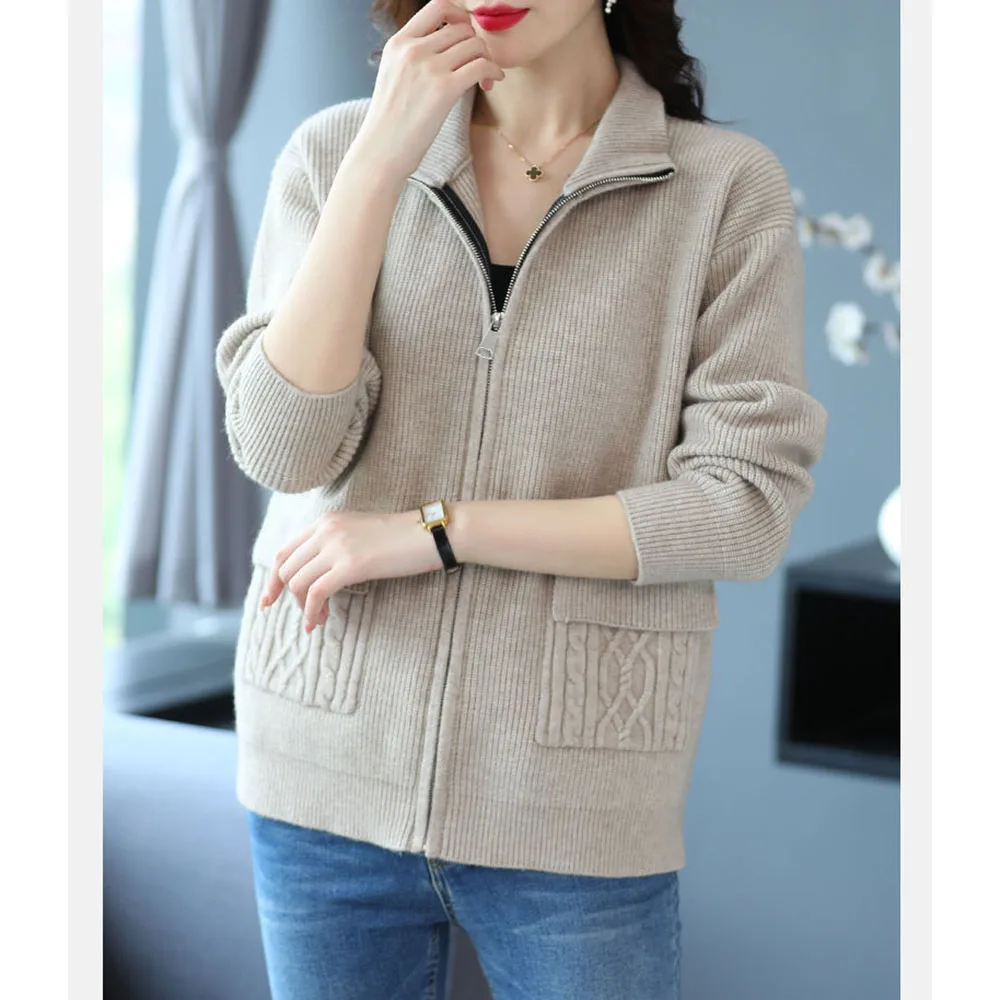 New Spring Autumn Women Knitted Jacket Solid Color Thick Zipper Cardigan Sweater Coat Casual Female Stand Collar Knit Cardigans