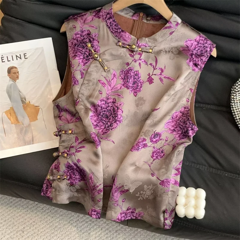 New Chinese Purple Peony Spring and Summer Printed Vest Coat Women Stand Collar Sleeveless Vest Retro National Style Joker Vest