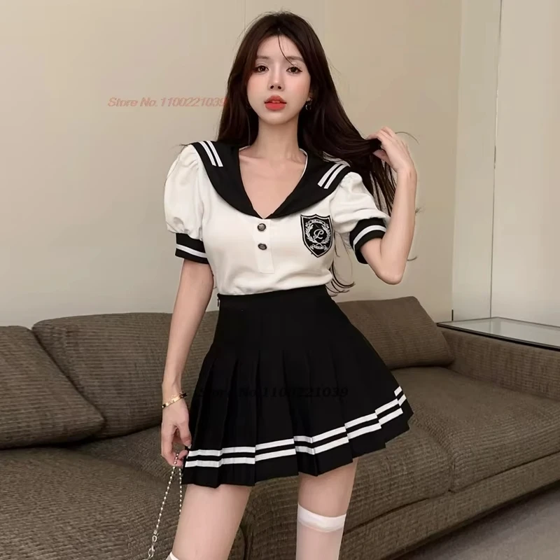 

2025 japan korean student jk school uniform girl sweet uniform cute girl blouse+pleated skirt set sailor navy sailor uniform