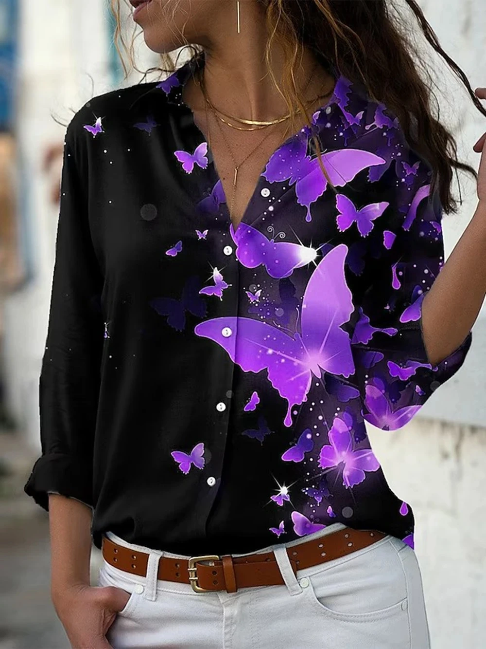 2024 new printed long-sleeved retro spring and summer shirt 3D digital butterfly print sexy women's slim shirt