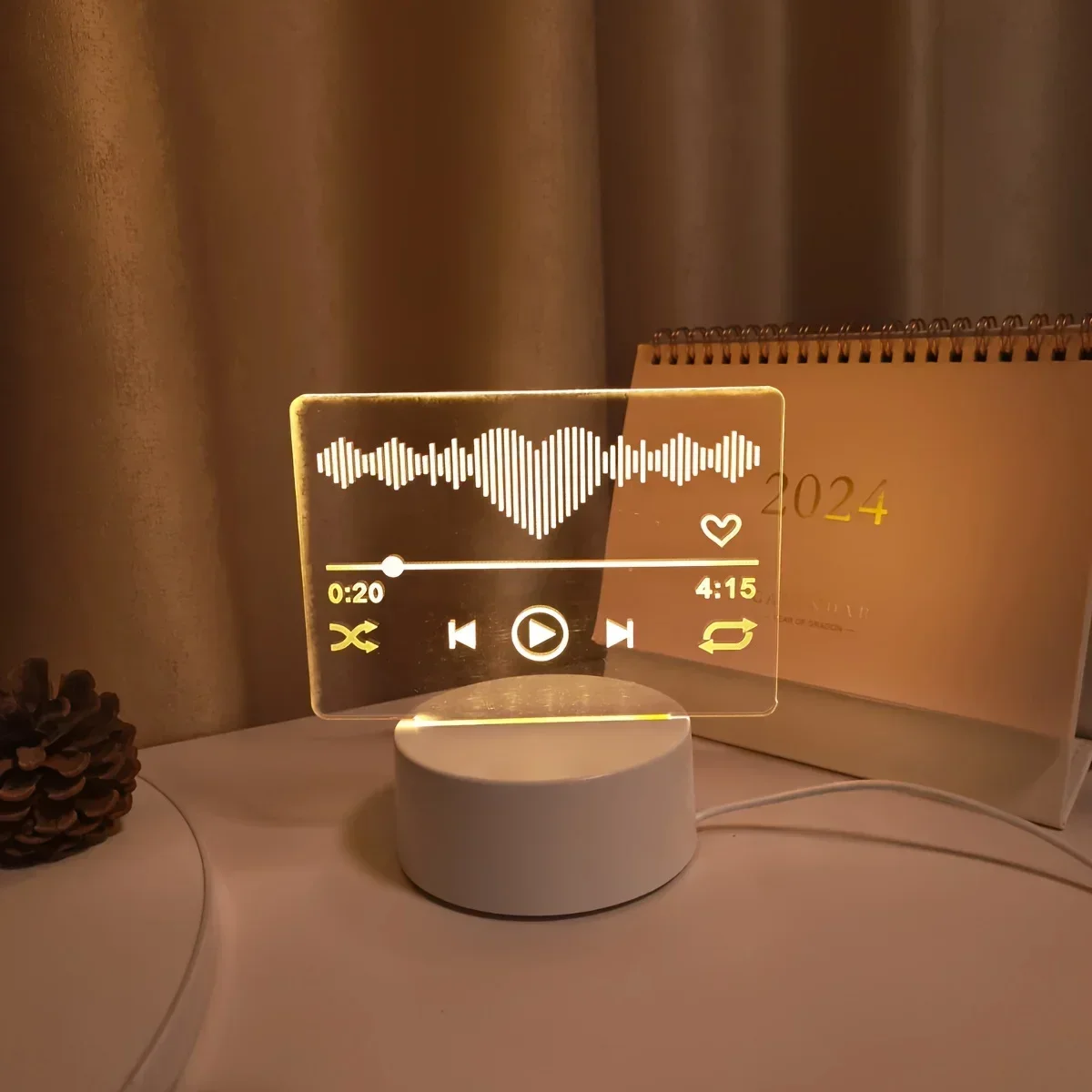 Heart Sound Wave Music Player Pattern Acrylic 3D Night Light USB Warm Lamp Couple Souvenir Gift