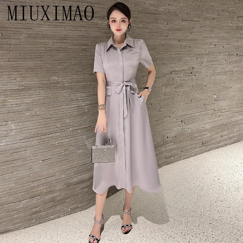 

MIUXIMAO 2023 High Quality Spring&Summer Elegant Dress Short Sleeve Lapel Single breasted Belt Fashion Long Dress Women Vestide