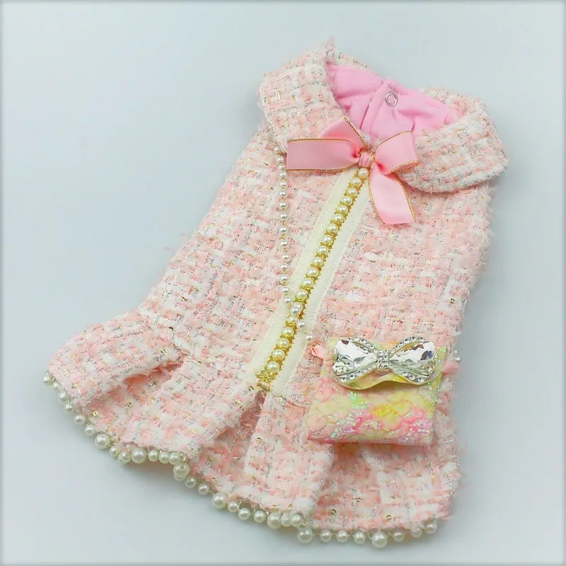 Handmade Dog Clothes Pet Coat Dress Pink Tweed Little Fairy Princess Outfit Pearls Skirt C**L Style Chain Bag Accessories Yorkie